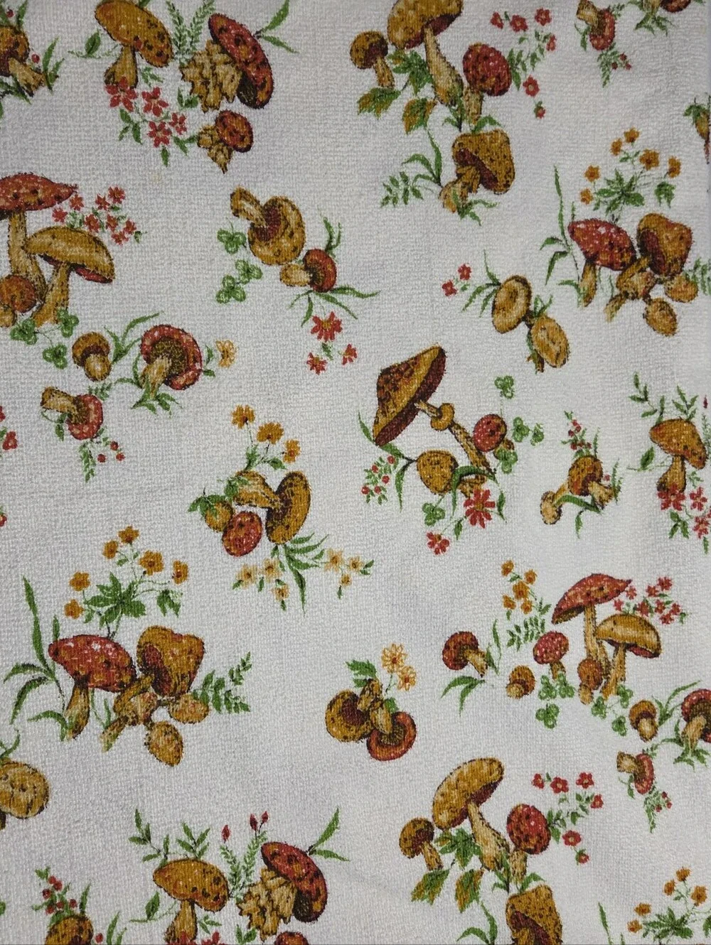 Vintage 70s Mushroom Print Terrycloth Tablecloth 50